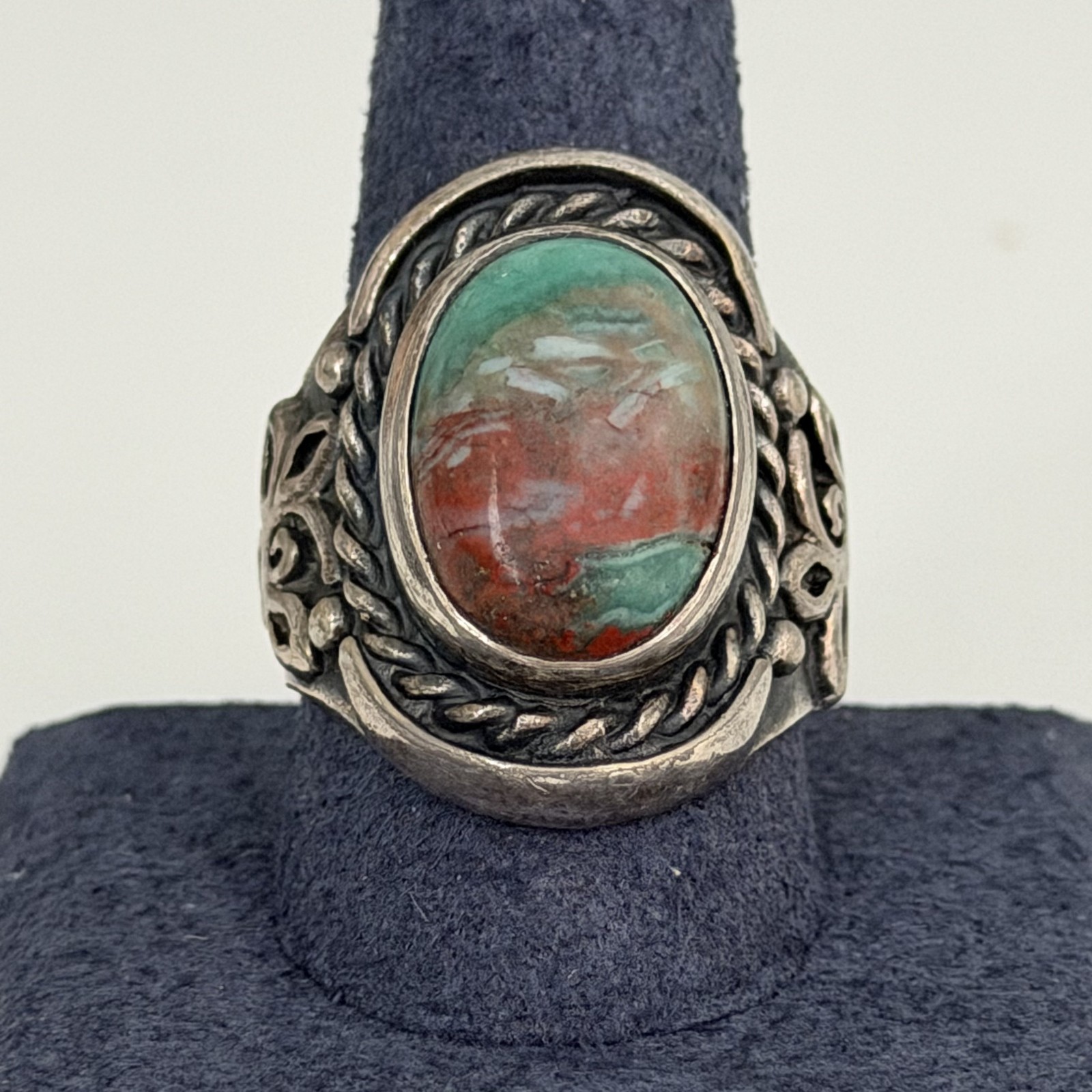 Vintage 925 Sterling Silver Big Bloodstone Southwest Chunky Heavy Ring Sz 10.25