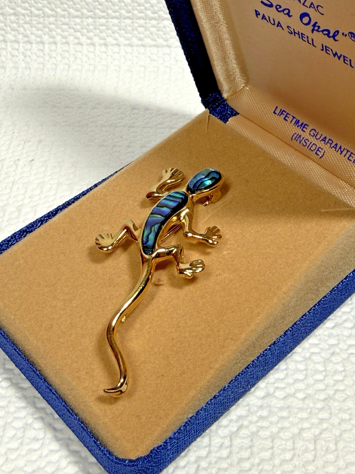Vintage Sea Opal GECKO Pin ANZAC Paua Shell Brooch Jewelry NIB Gold Plated