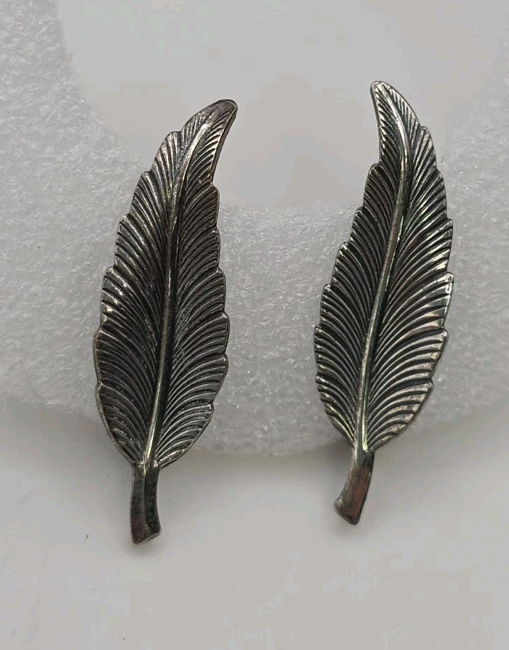 Vintage Silver Tone Bird Feather KIM Signed Etched Hippy Screw Back Boho Earring