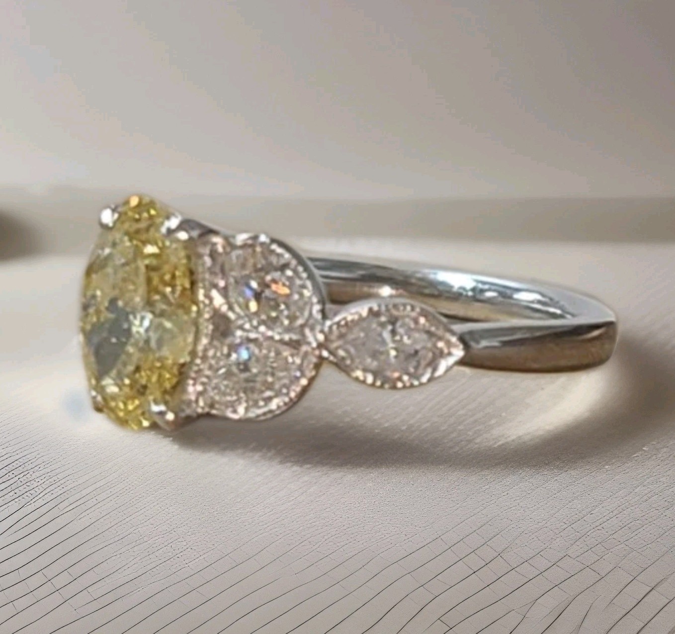 Vintage Platinum Engagement Ring 1.52CT.Natural Yellow Diamond Oval Shape
