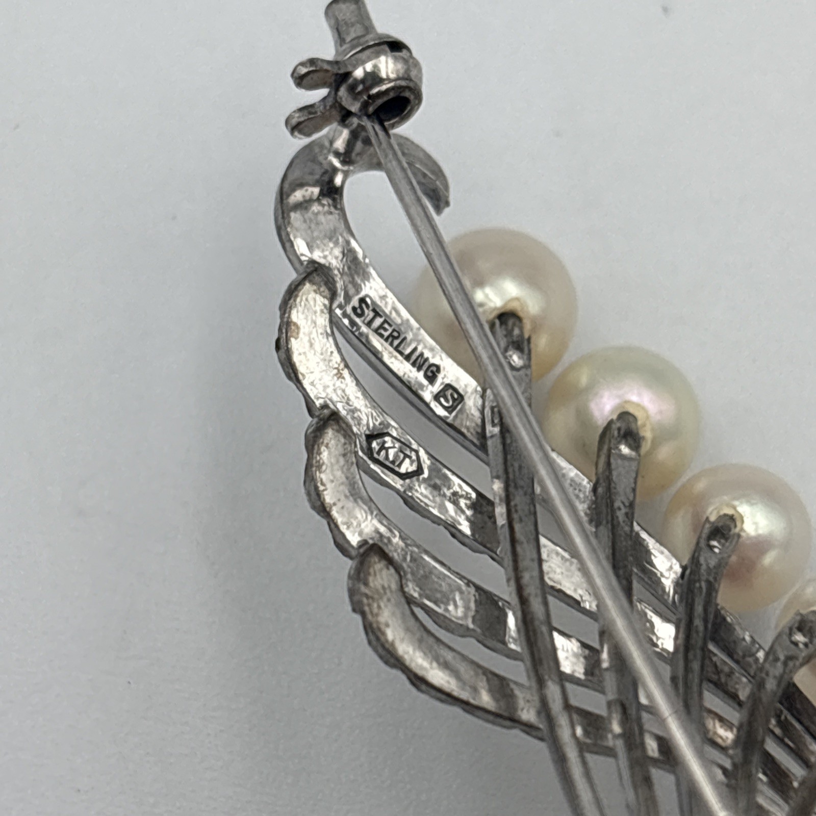 Mikimoto Pearl Sterling Silver Brooch Vintage Curved Wave Design Japan Signed