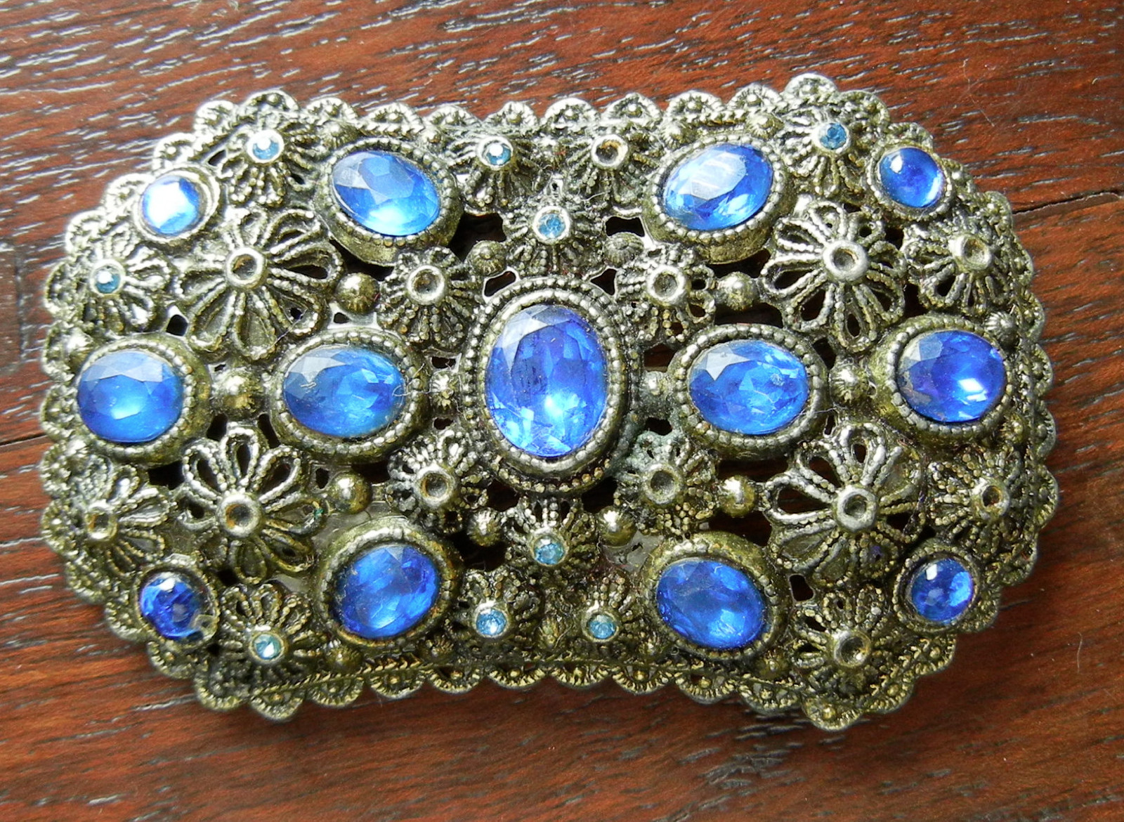 Vintage Filigree Brooch Pin Signed NE (New England Glass Works) Blue Rhinestones