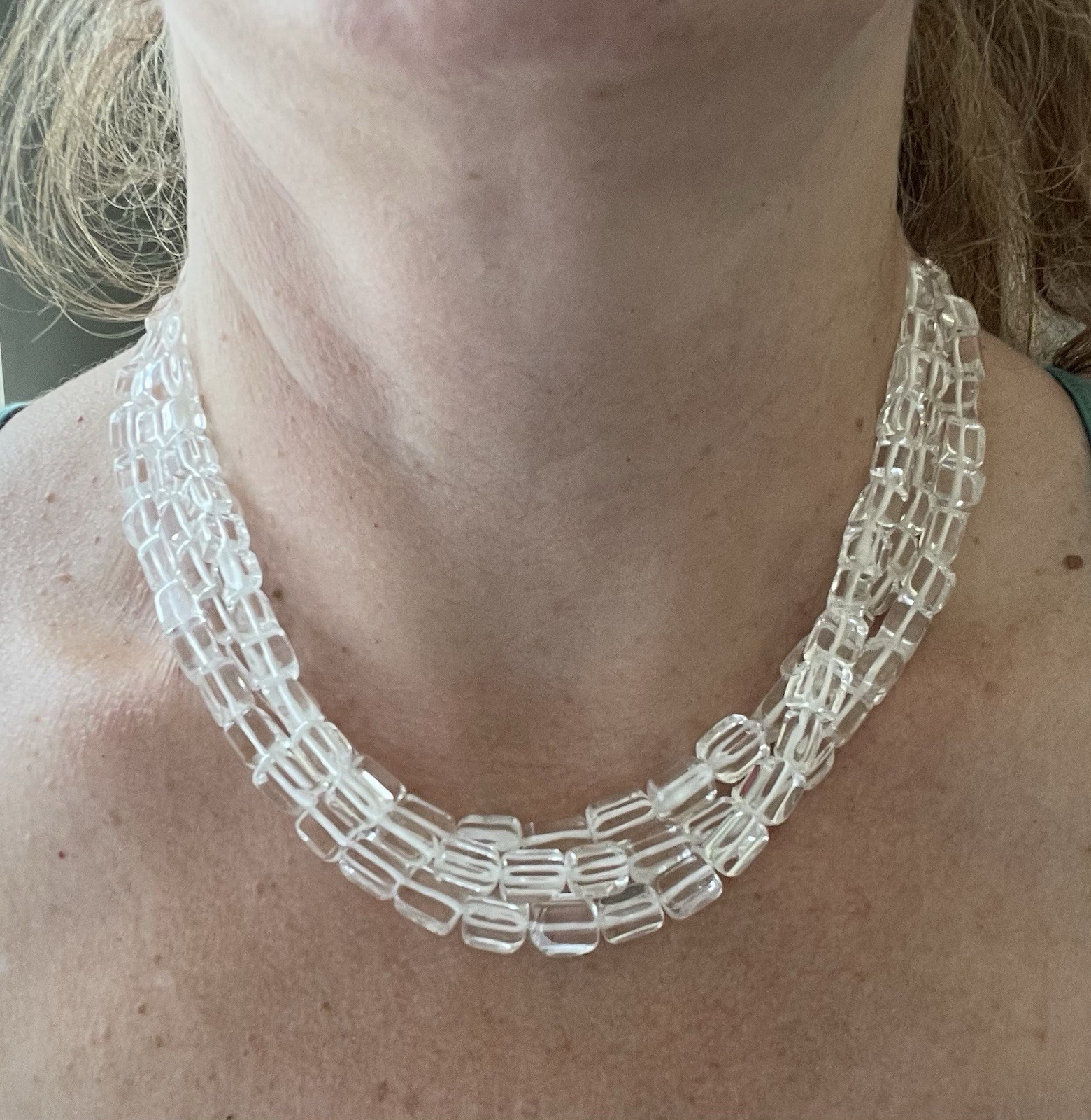 Vintage Clear Glass Beads Sterling Silver Toggle Closure 3 Strands Necklace