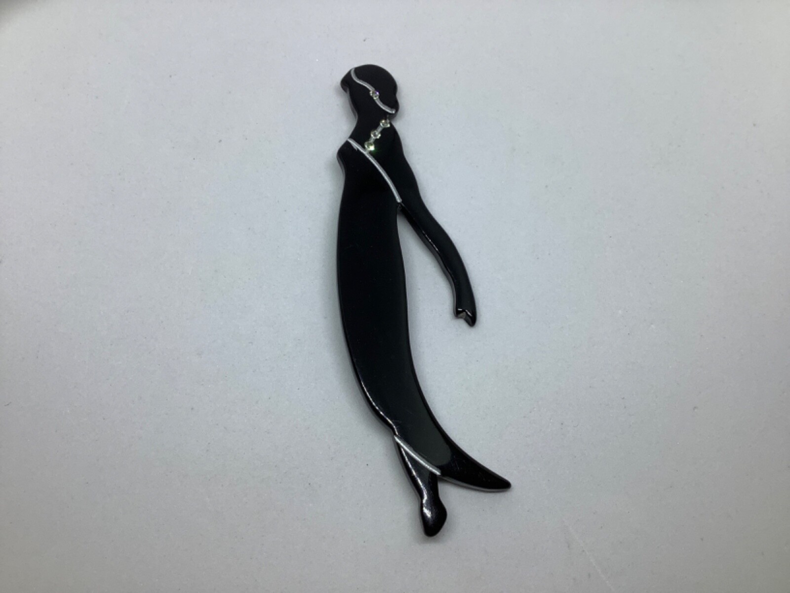 Vintage Lucite Brooch Pin Flapper Lady Black Clear Rhinestones Large 4 inch