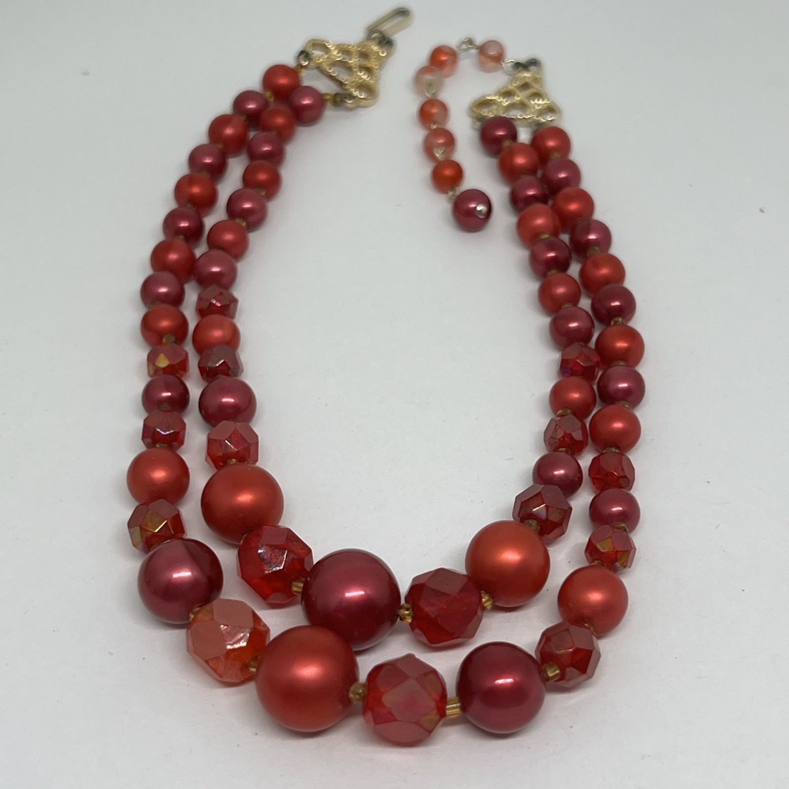 Vintage Red Faux Pearl Faced Lucite 15”-17” Necklace Marked Japan