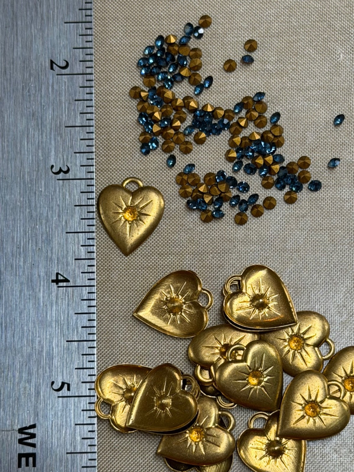 25 Vintage Brass Heart Charms w/ Swarovski Crystal Center – Choose Color – NOS J