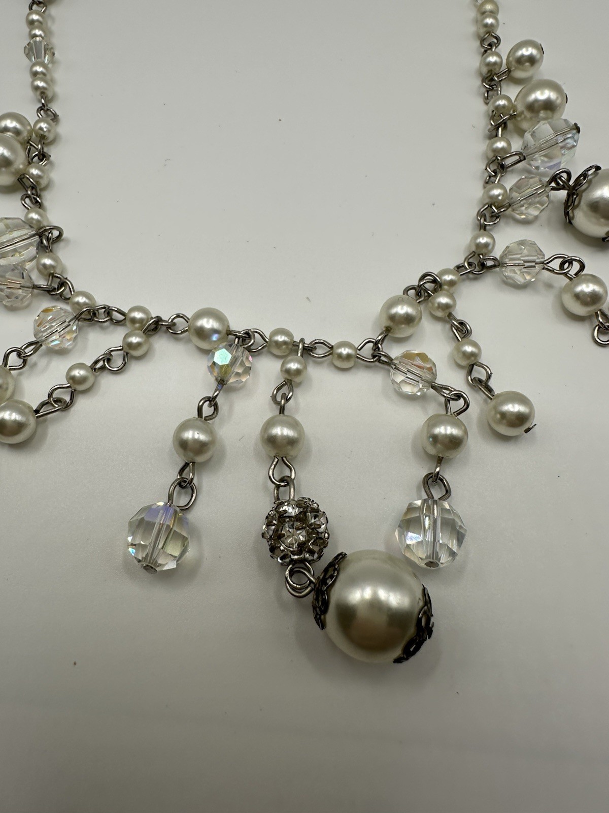 Vintage Faux Pearl AB Acrylic Crystal Fringe Bridal Necklace 16”