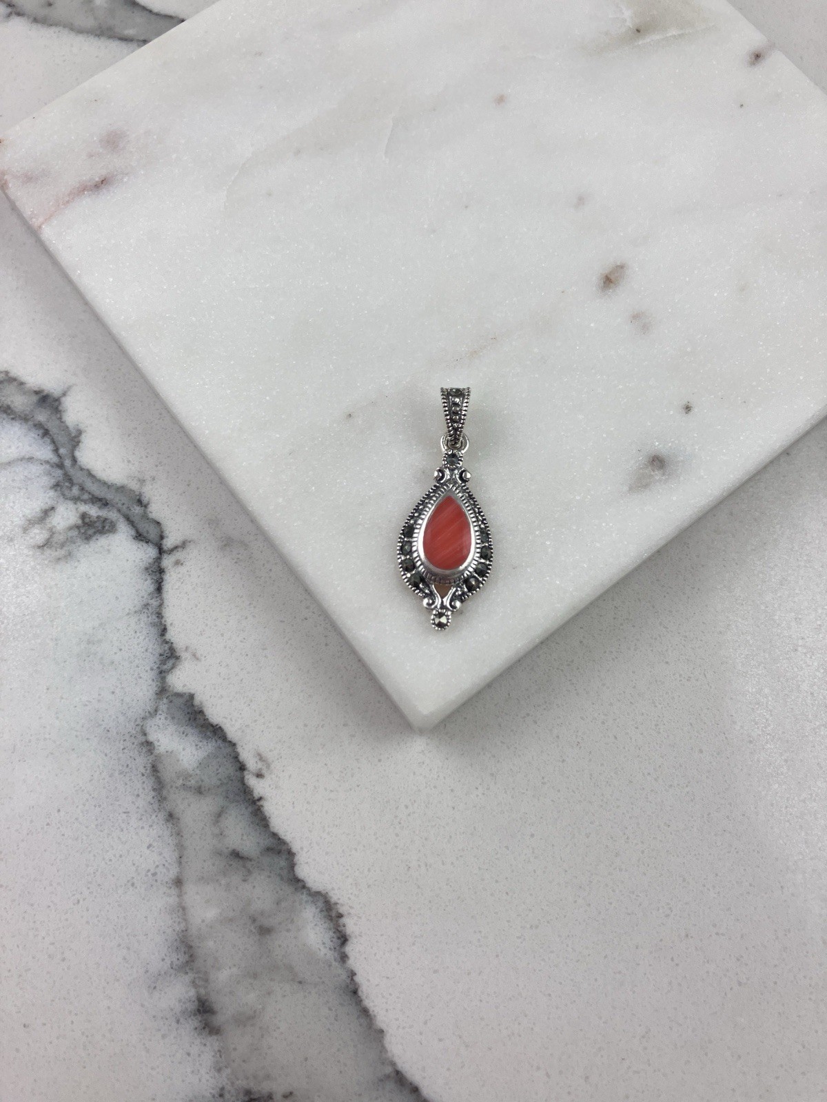 Vintage 925 Sterling Silver Pink Coral Deco Marcasite Teardrop Pendant