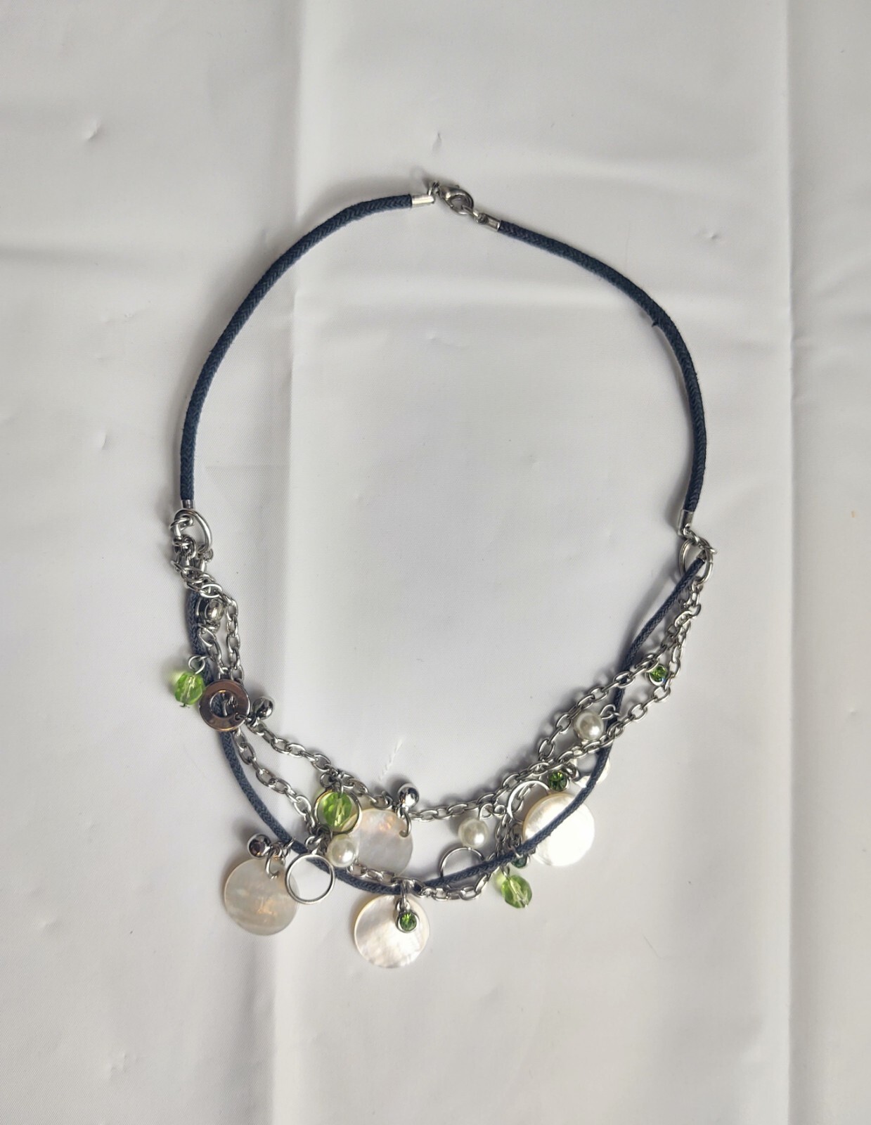Vintage Jewelry Set Choker Necklace And Bracelet Silver Tone Shells Green Beads