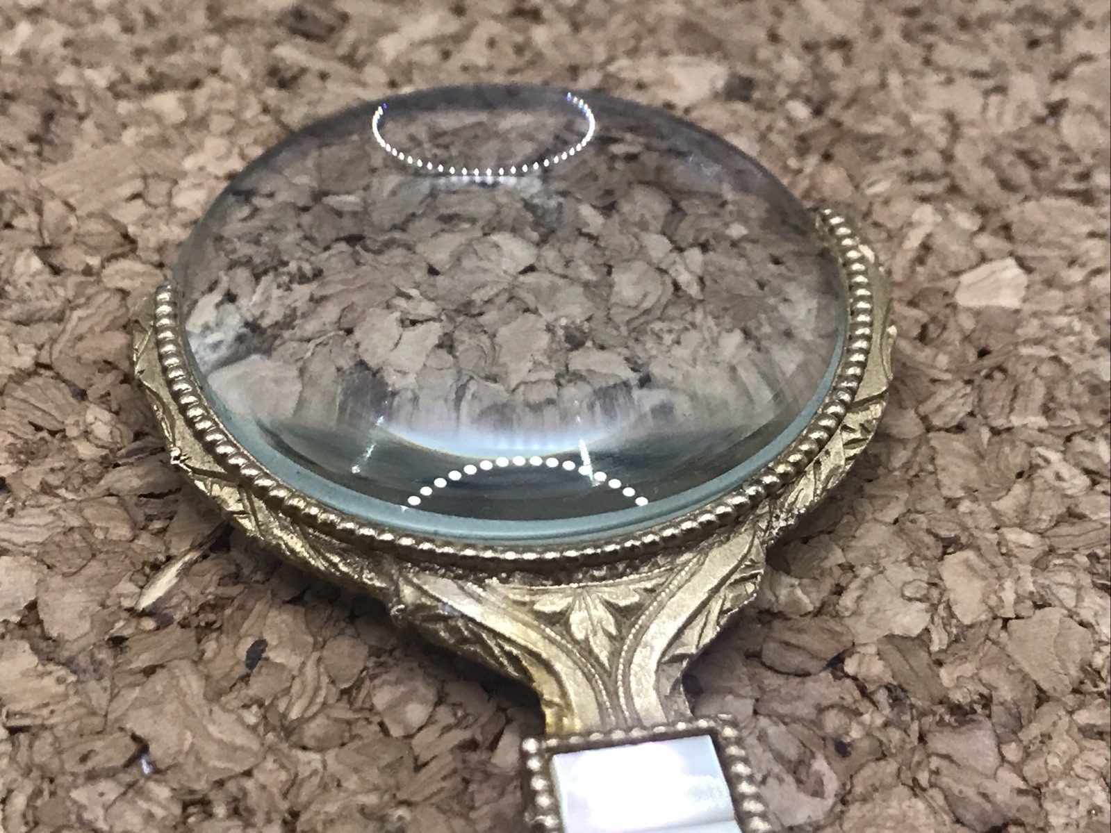 Beautiful Art Deco Ornate Gold Mother of Pearl Magnifying Glass Circa 1920’s 4”