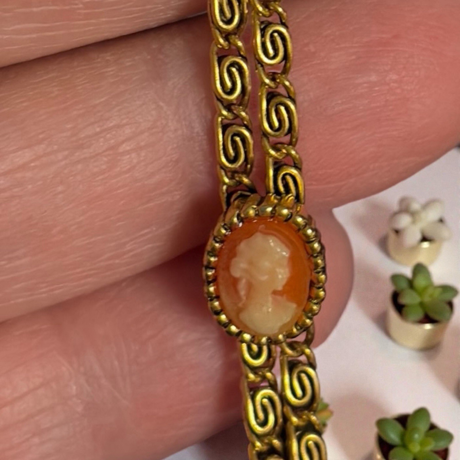 Vtg Goldette Bracelet 7″ Double Strand Charm Station Bracelet Cameo Mid Century