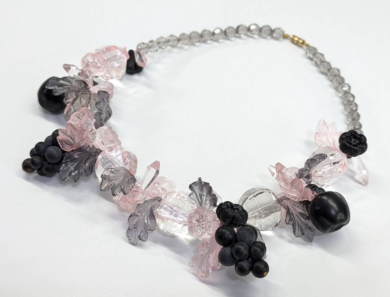 Vintage Pink Purple Black Acrylic Leaves Grapes Vine Beaded Statement Necklace