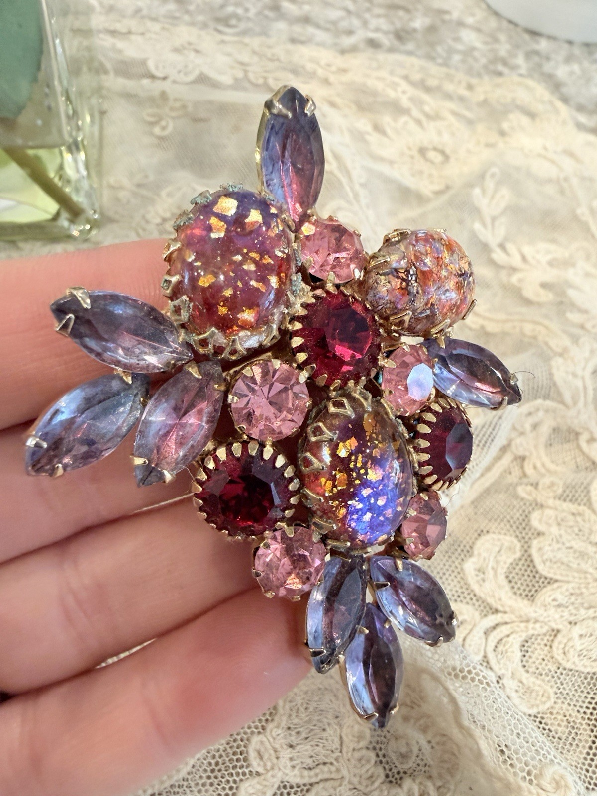 Juliana Style Brooch Pin Pink Red Purple Stones Rhinestone Gold Tone Vtg
