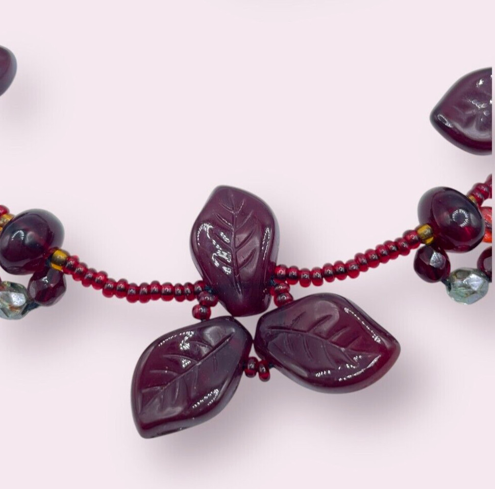 VTG Statement Boho Czech Burgandy Red molded leaves Art Glass necklace 19″
