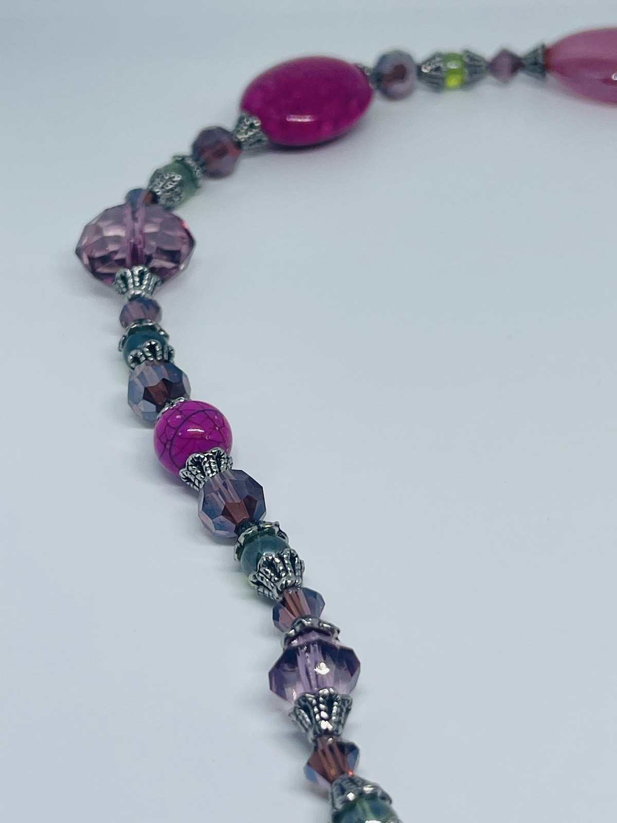 Vintage 80’s Pink And Green Glass And Crystal Bead Necklace & Earrings Set 20”