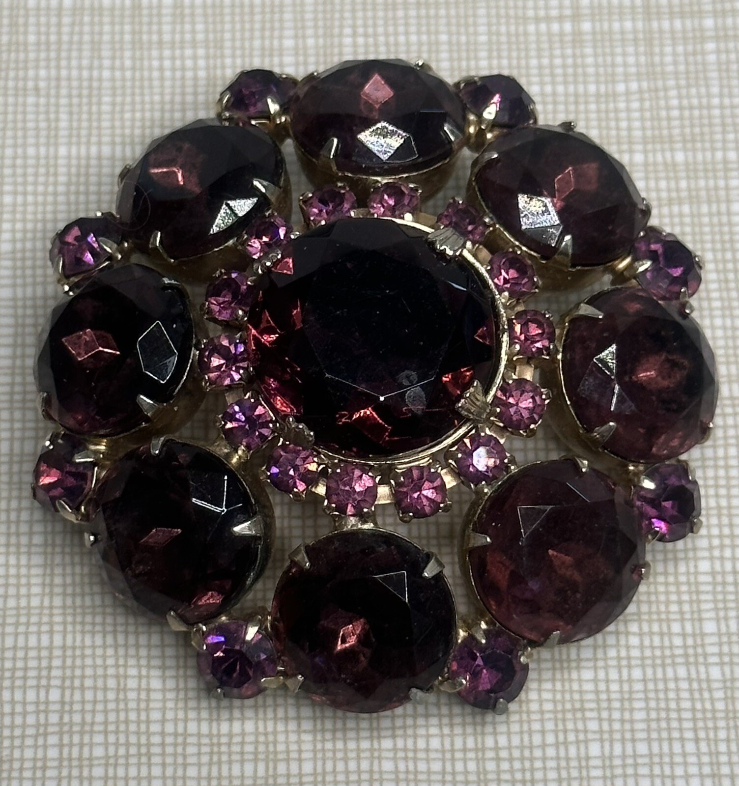 Vintage Round Amethyst Gold Brooch Approximately 2”
