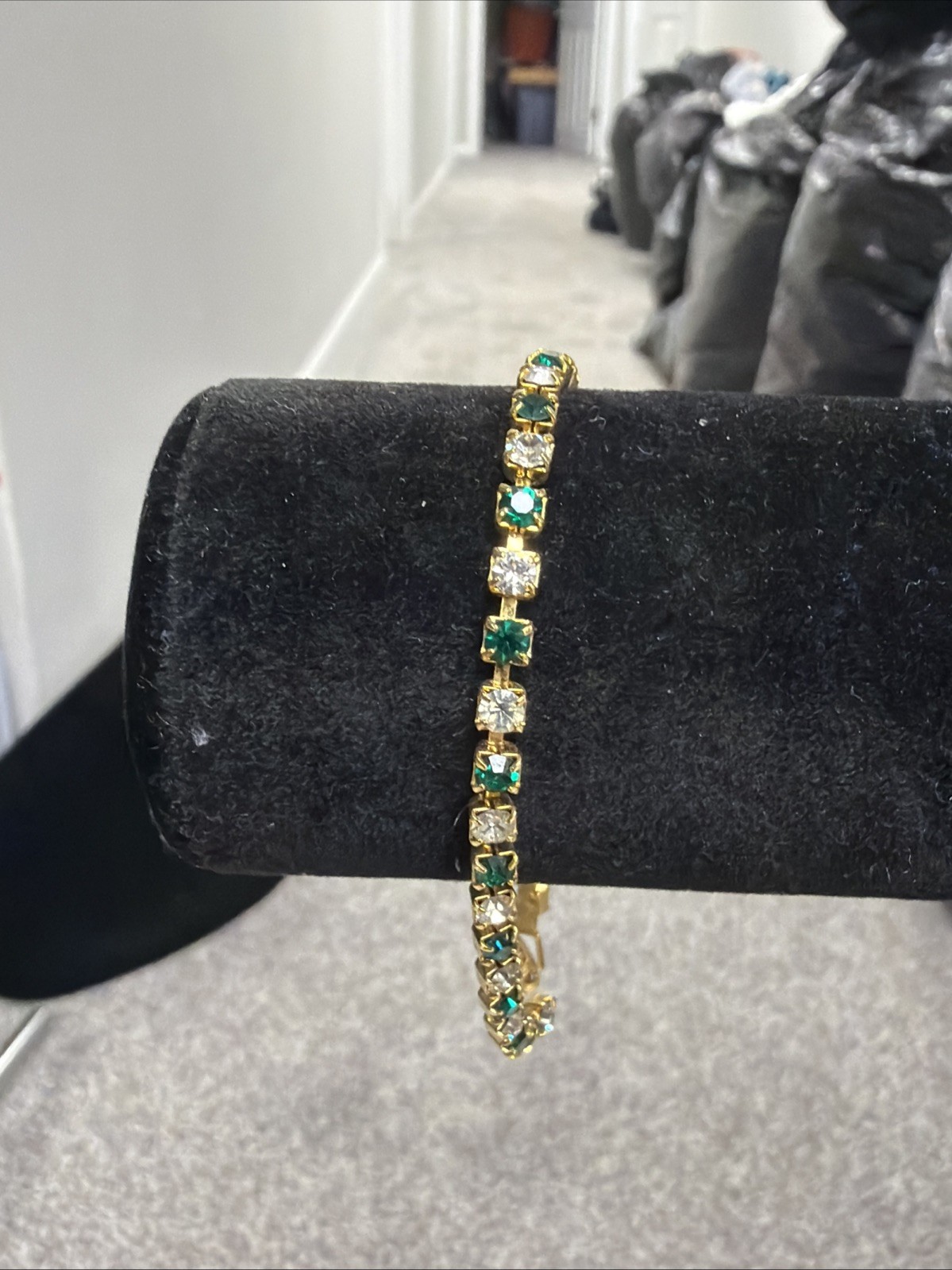 Vintage Eternity Alternating Emerald and Crystal Gold Plated 6.5” Bracelet
