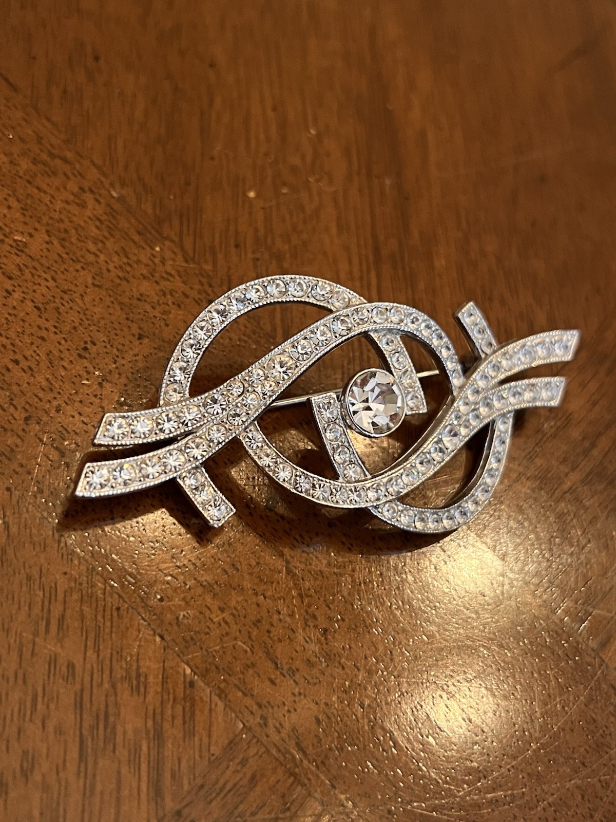 Vintage Ora Rhinestone Abstract Swirl Ribbon Brooch Silver Tone Signed Nice!