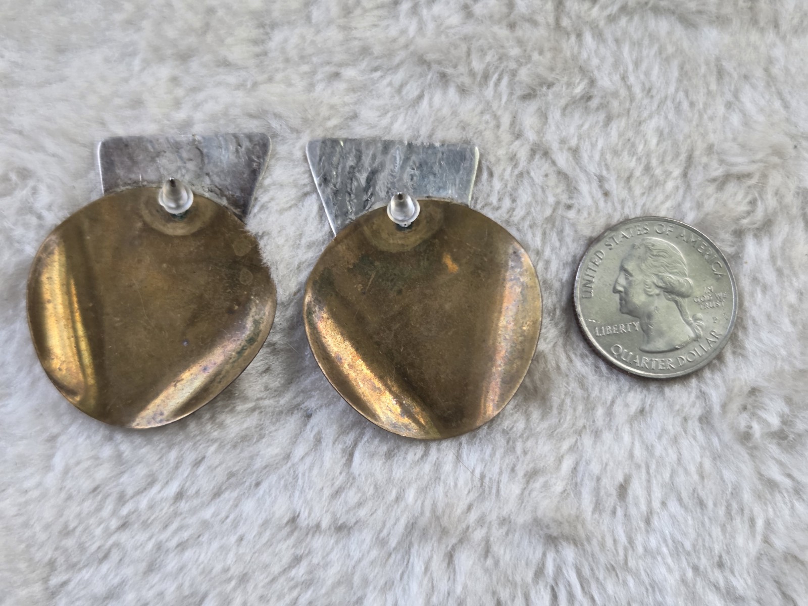 🖤Vintage Modernist Sterling Silver Brass Mixed Metal Abstract Gallery Earrings