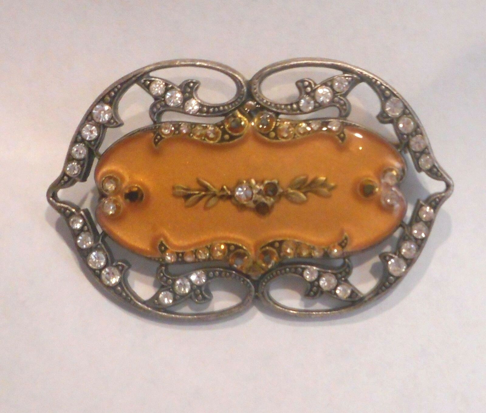 Vtg. Victorian Revival Butterscotch Enamel & Crystals Pewter Tone Metal, Brooch