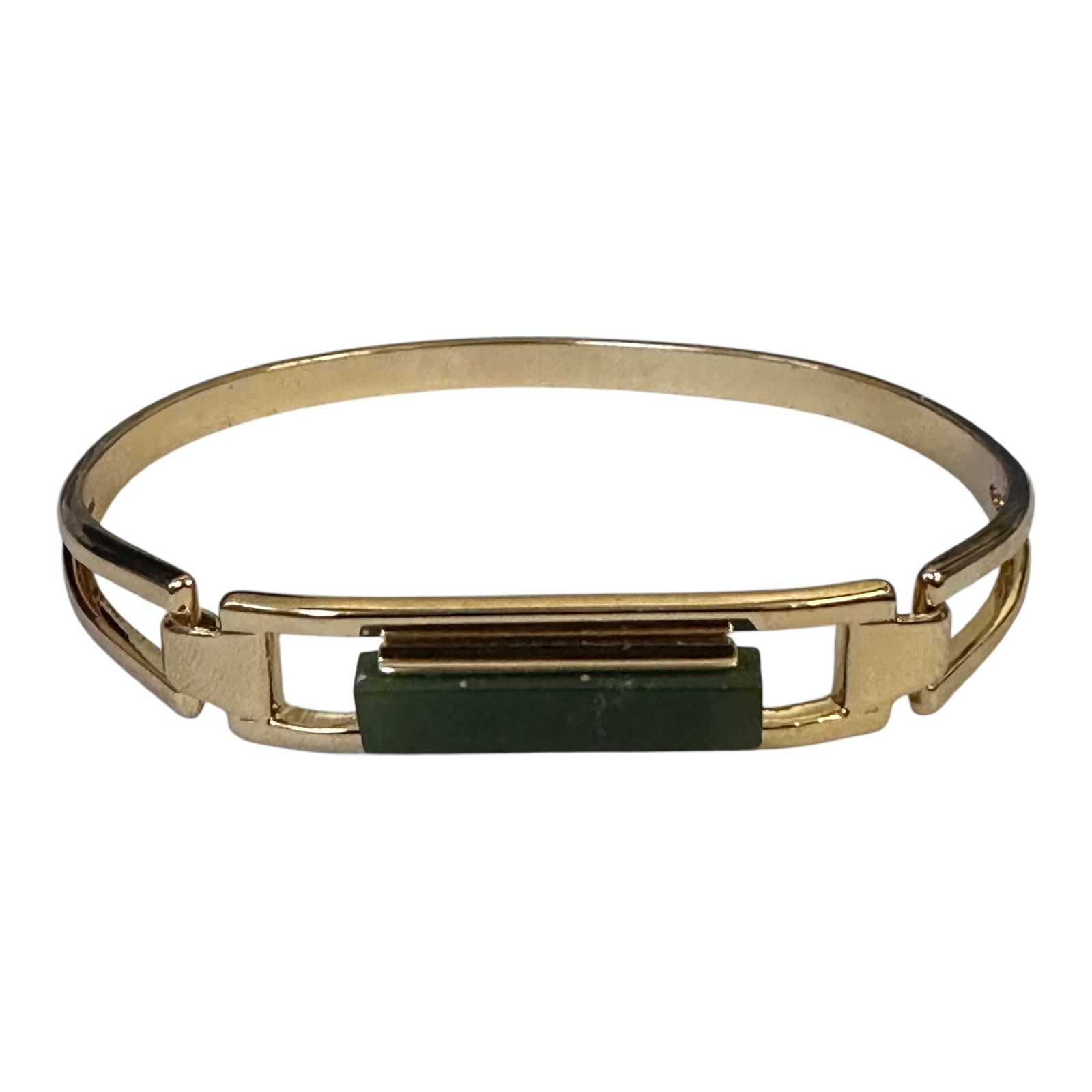 Vintage 1978 Avon Treasured Genuine Jade Bar Hinged Bangle Bracelet 6¼” Goldtone