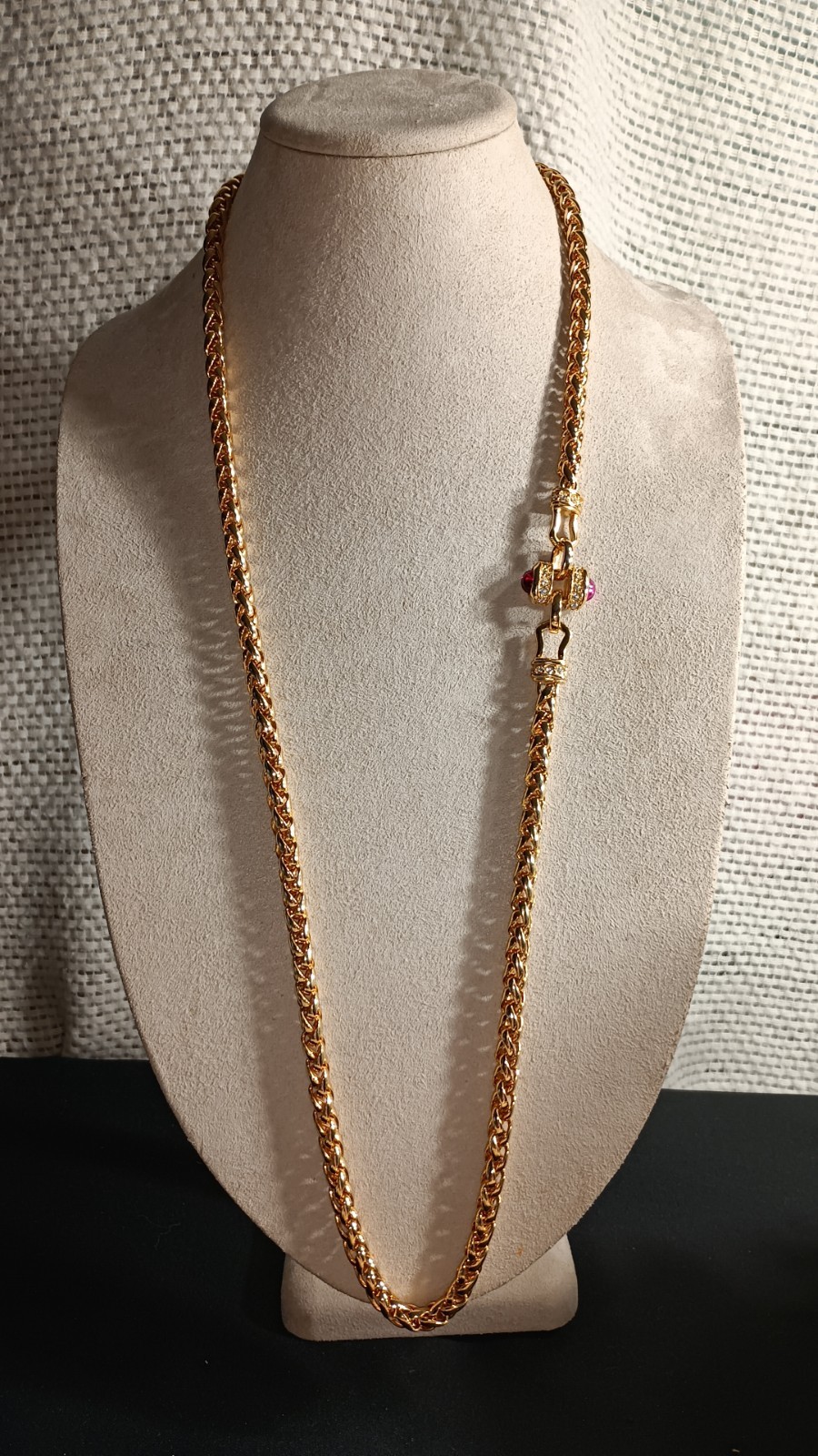 VTG Nolan Miller Chunky Red Cabochon Gold Tone Long Spiga Wheat Chain Necklace
