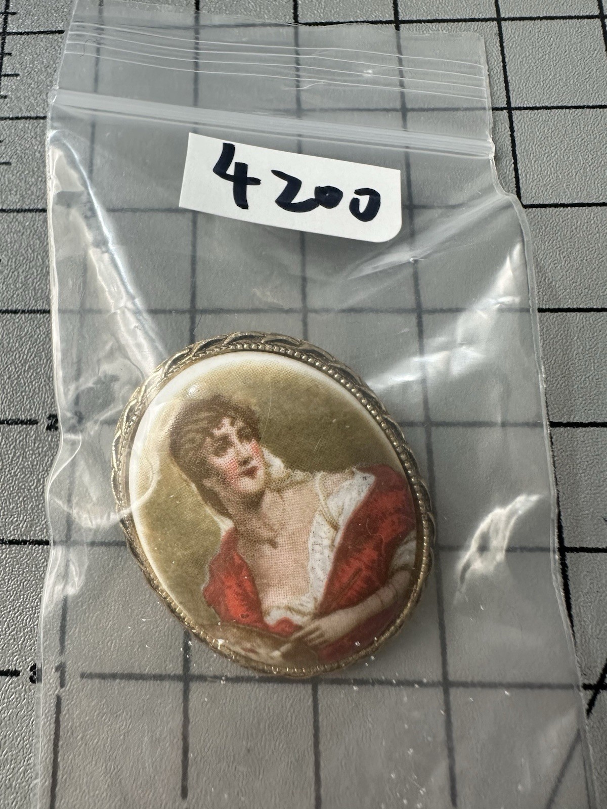 Vintage Hand Painted Portrait Of Lady Brooch Pin