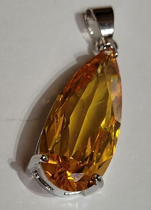 35mm Faceted Silver Lab Created Cubic Zirconia Citrine Colour Silvertone Pendant