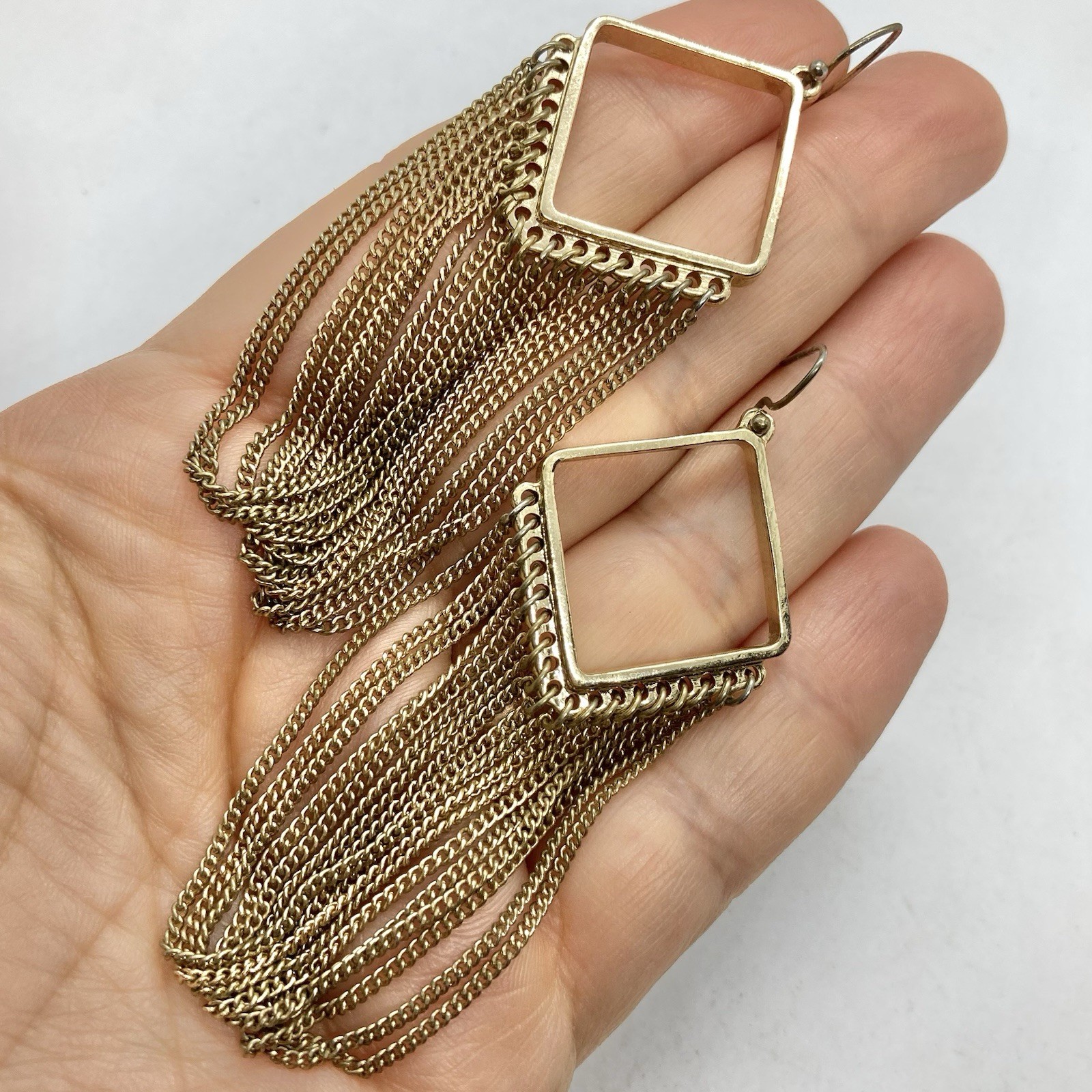 Vtg Fringe Chain Dangle Statement Earrings Gold Tn Hook Long Hoops