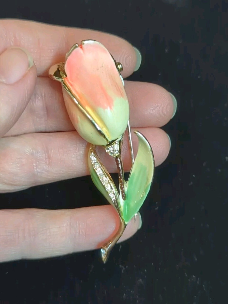 Vtg BSK Enamel Flower Brooch Pin W/ Rhinestones Rose Bud Peach MCM