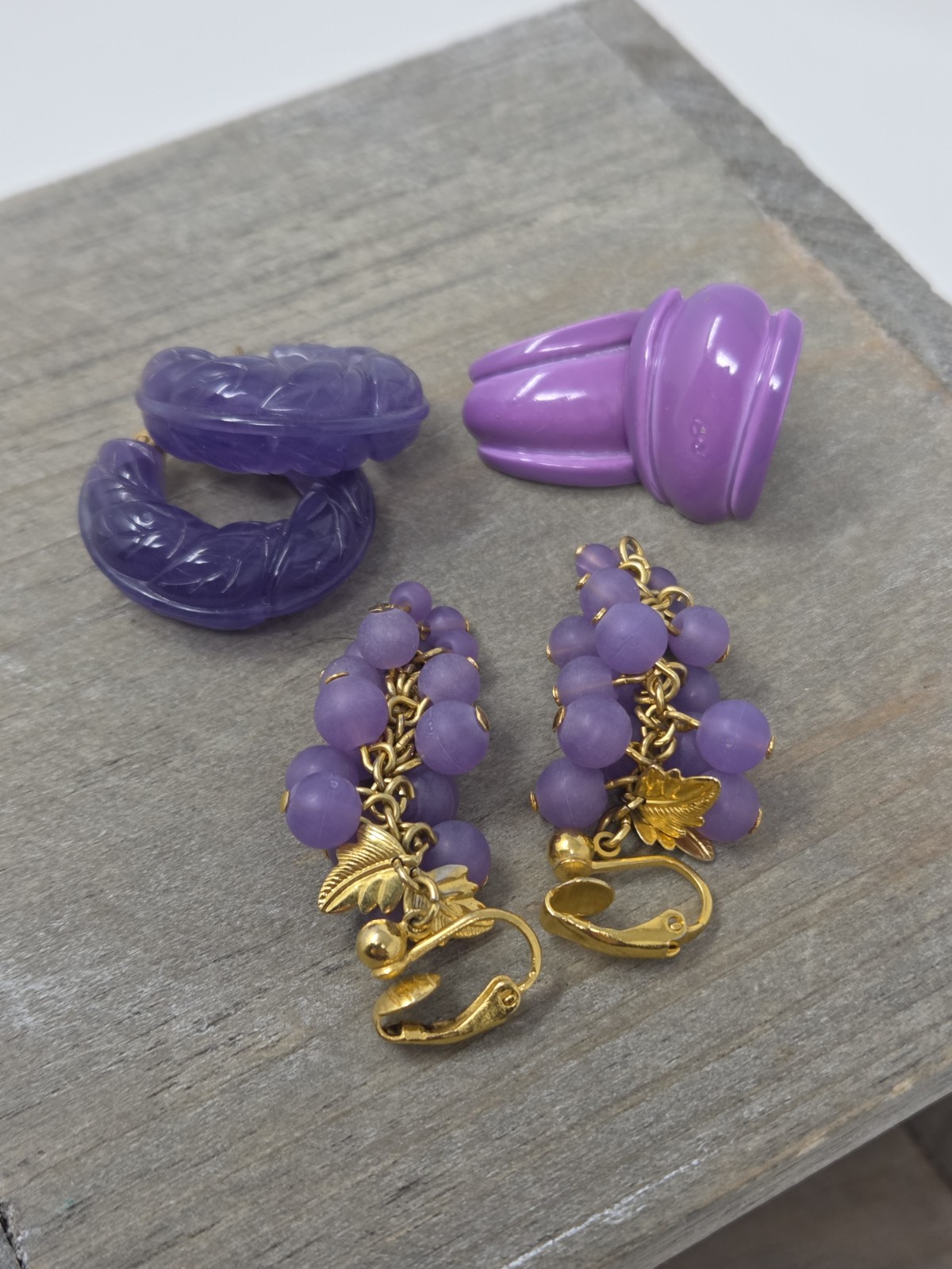 Three Pairs Purple Vintage Clip-on Earrings Grapes Bunch Dangles Hoops Enamel