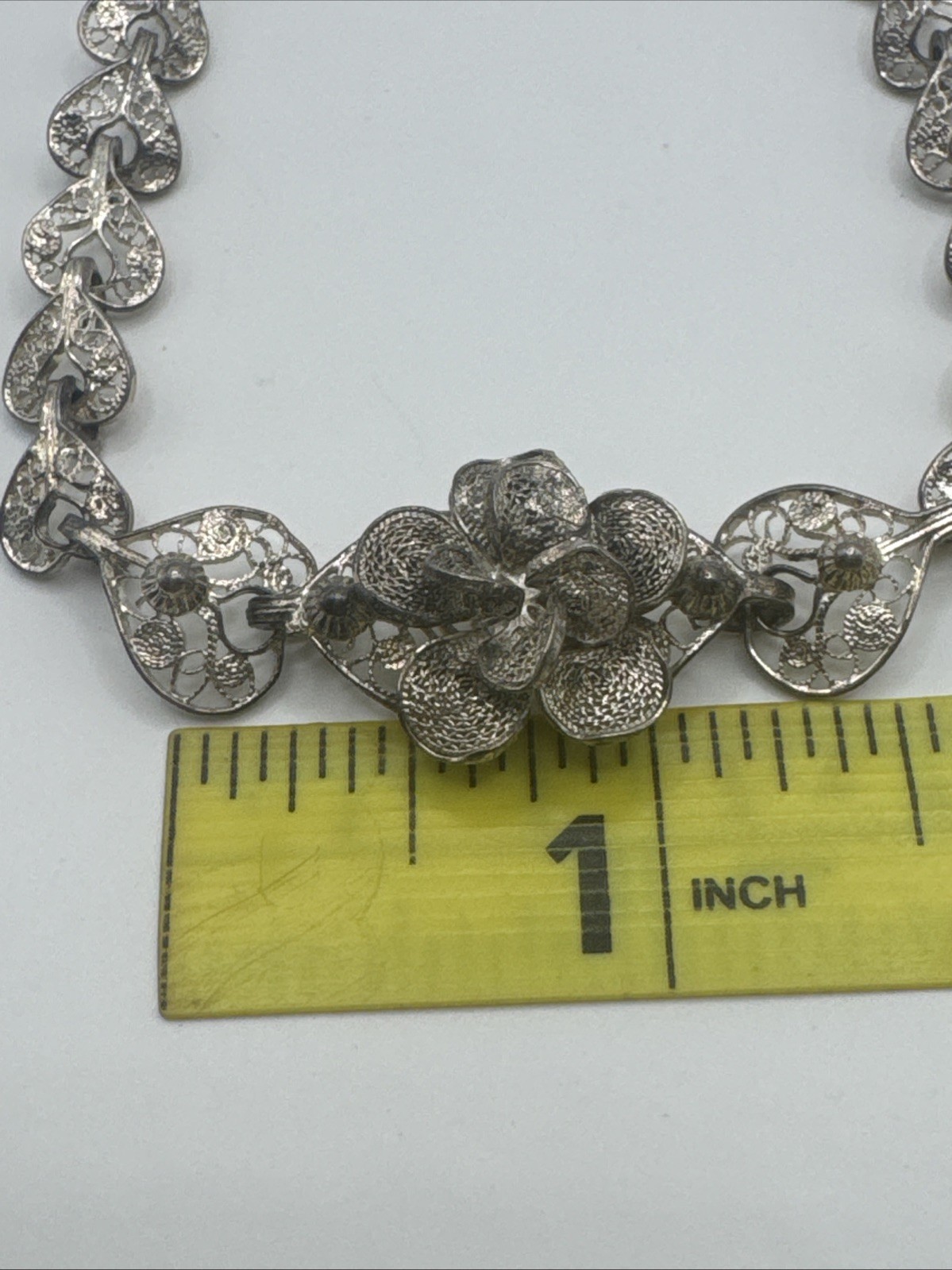ANTIQUE FILIGREE FLOWERS AND HEARTS STERLING SILVER BRACELET