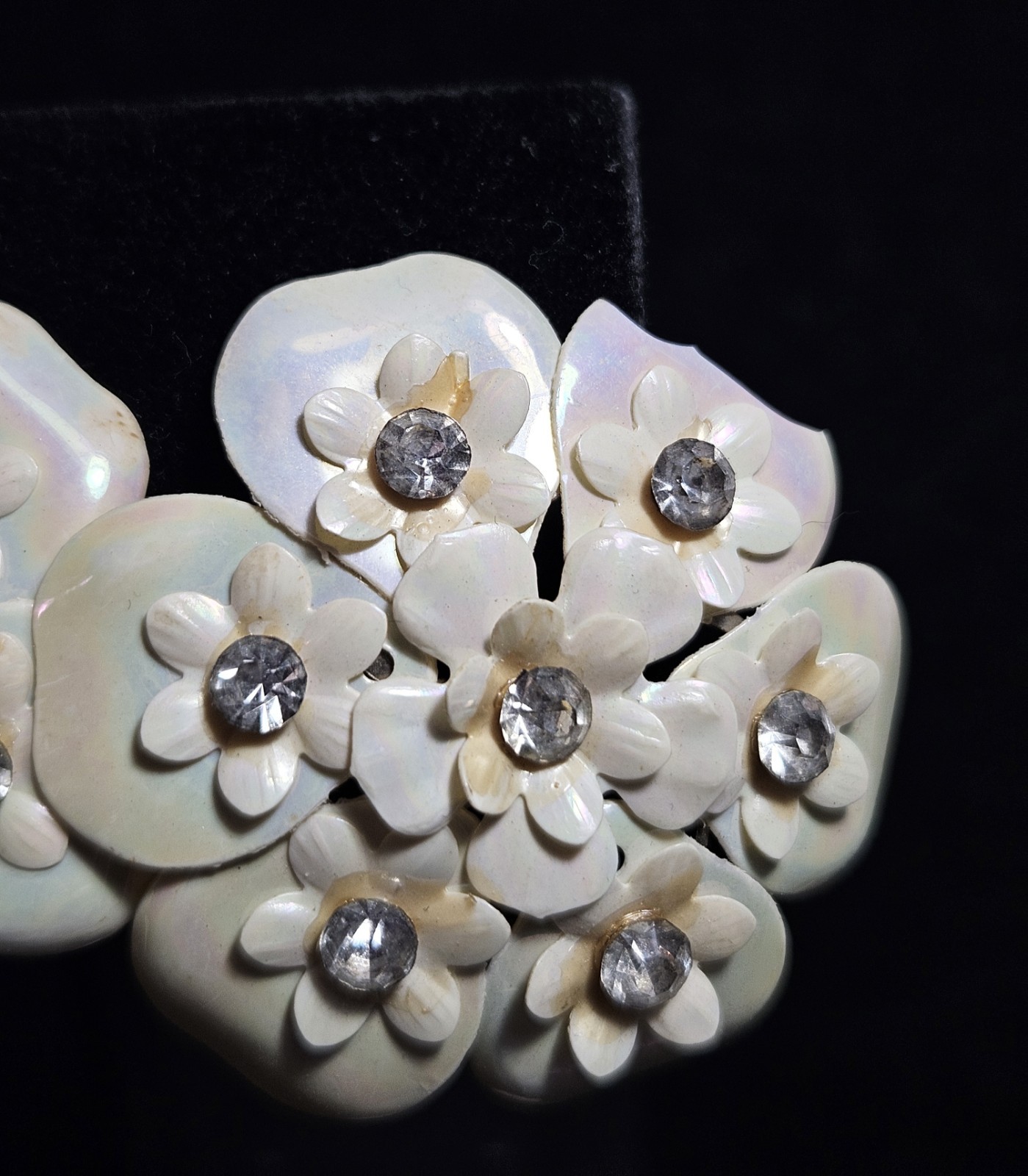 Vintage Floral Cluster Clip On Earrings Iridescent Petal Design with Rhinestone