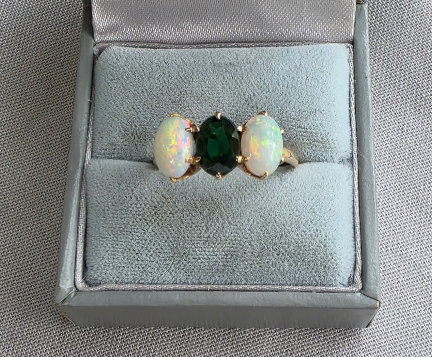 Antique Trilogy Ring Vibrant Opals and Deep Green Center Stone 10k Gold Superb!