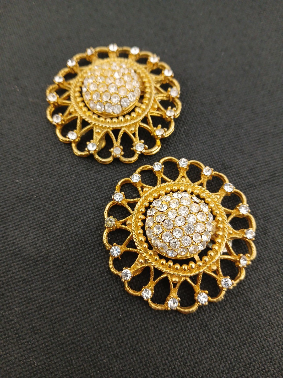 HUGE 1980 gold-tone pave clear crystals open metal work round clip-on earrings