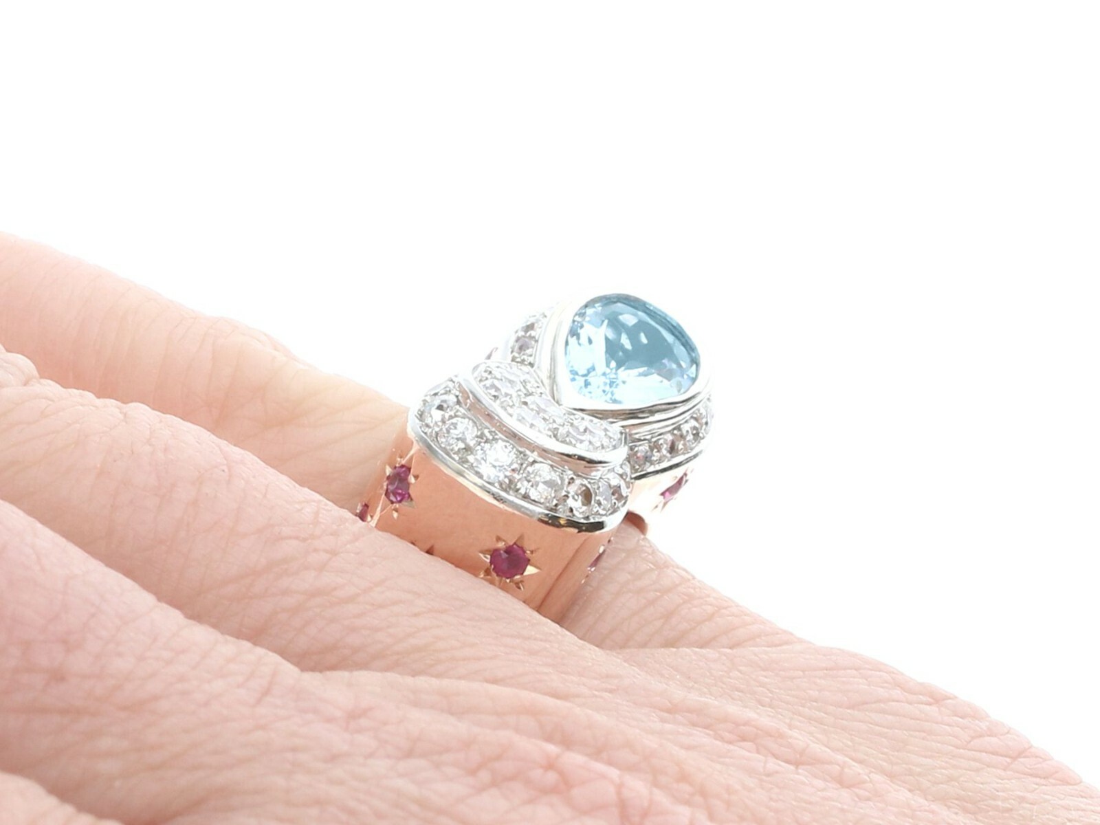 1.36 Ct Aquamarine 0.78 Ct Diamond and 0.50 Ct Ruby 18k Rose Gold Dress Ring