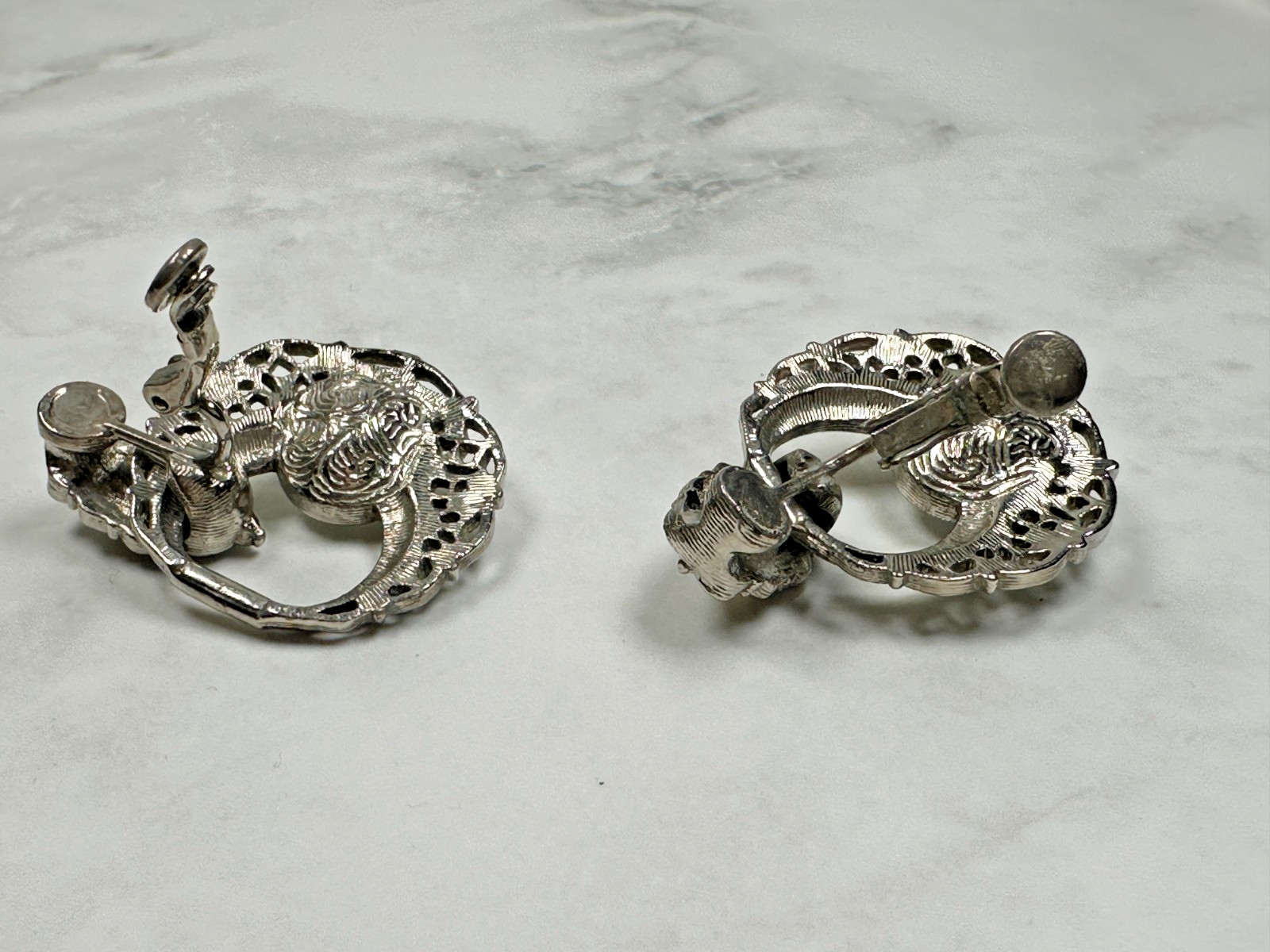 Silver Tone Clip-On Earrings with White Glass & Rhinestones – Vintage – 1.5″