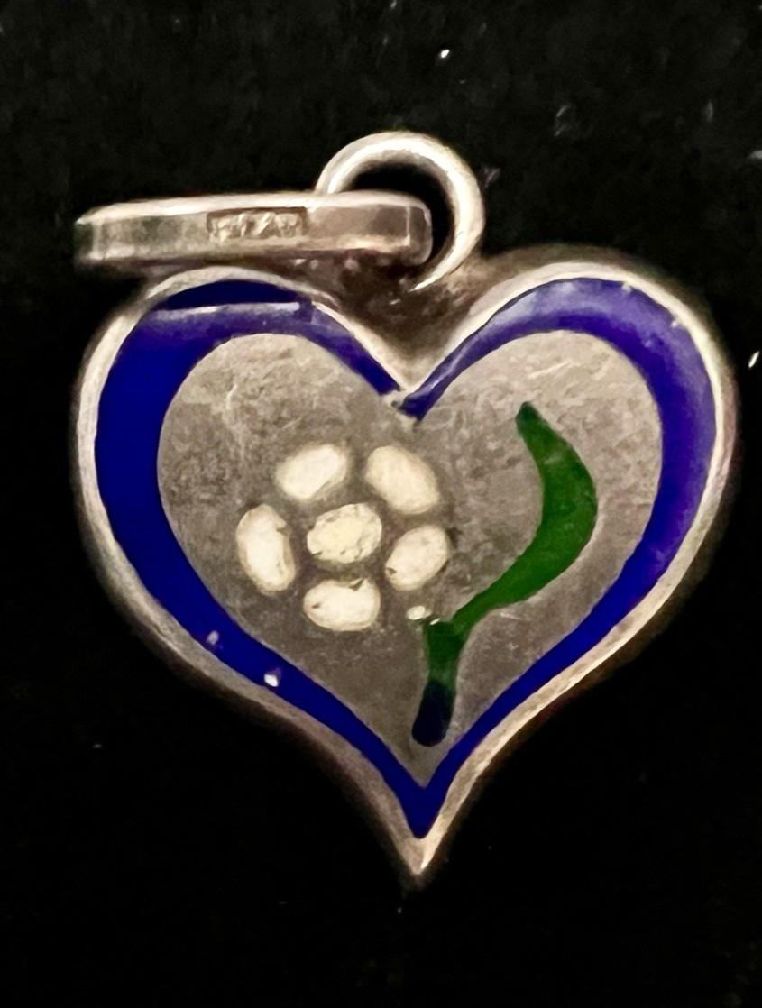 925 STERLING SILVER Enamel HEART & DAISY or ROSE FLOWER Charm PENDANT Vintage