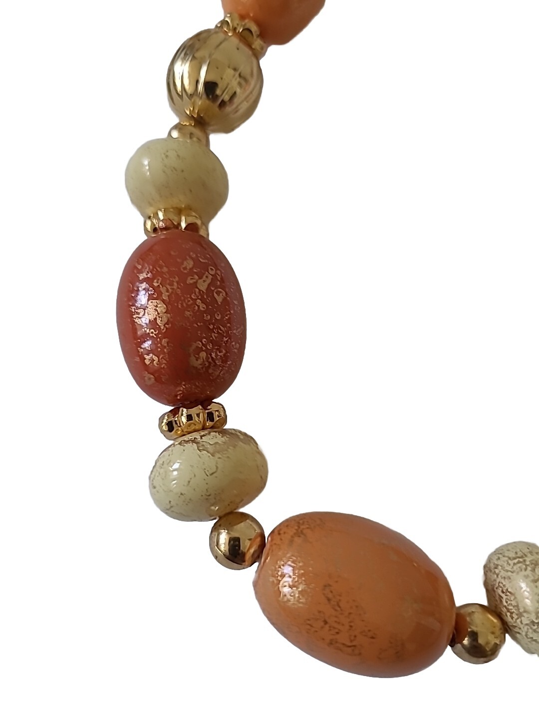 Vtg 24″ Speckled Gold Orange Cream Graduated Beaded Necklace w/Gold Tone Spacers