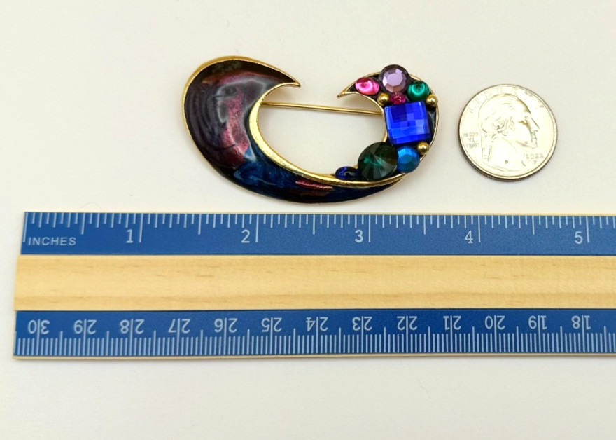 Gold Tone Multicolor Enamel & Rhinestones Brooch Vintage