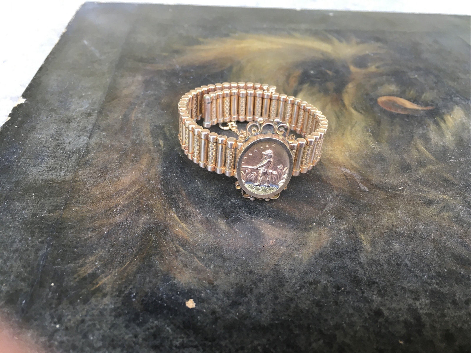 ANTIQUE GOLD FILLED EXPANDING VICTORIAN STYLE HUNTING BRACELET FINELY DETAILED