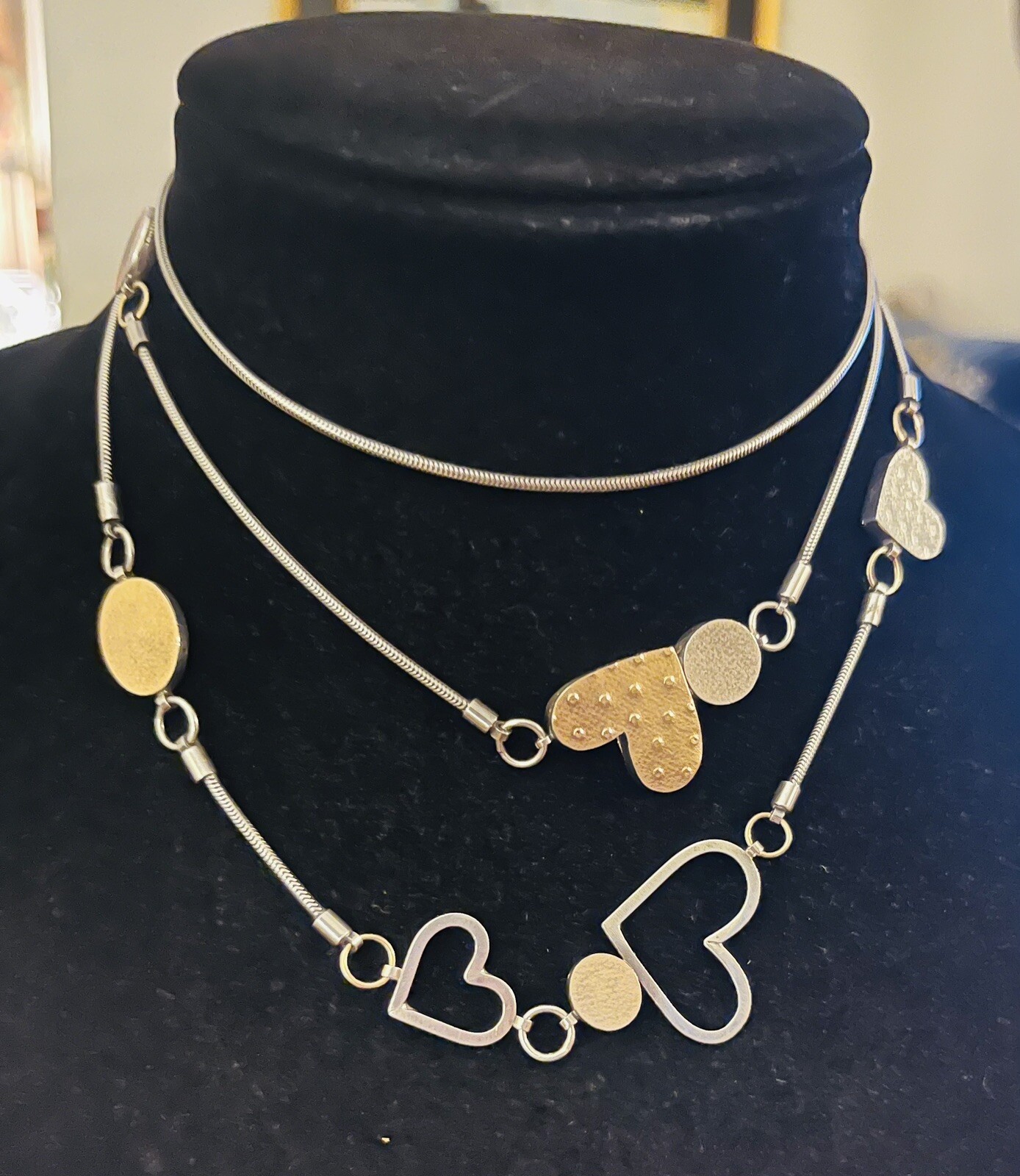 Vtg Estate Mid Century Modernist Textured Sterling Gold Hearts Station Necklace
