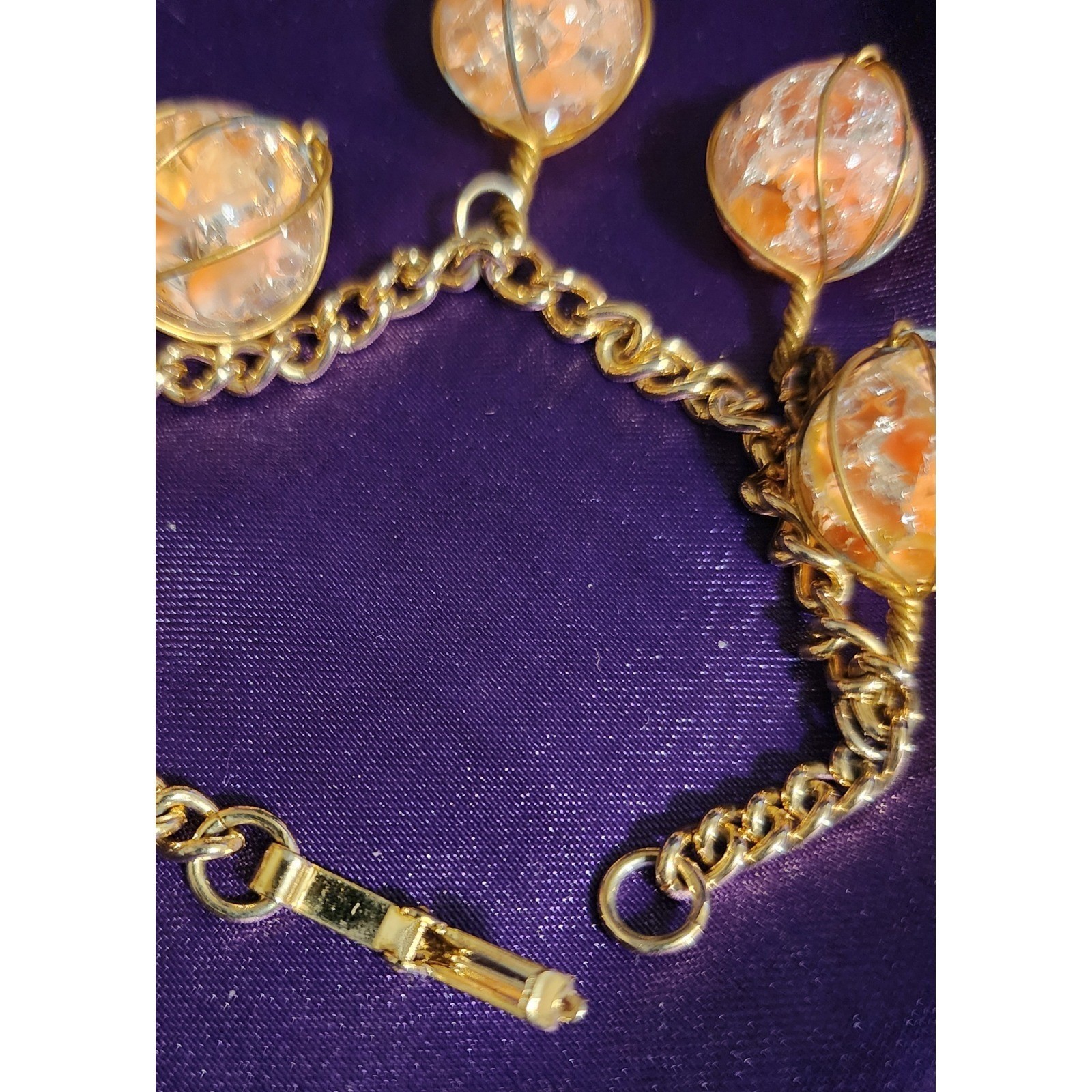 Orange Crackle Glass Orb Wire Wrapped Charm Bracelet Size 6.5