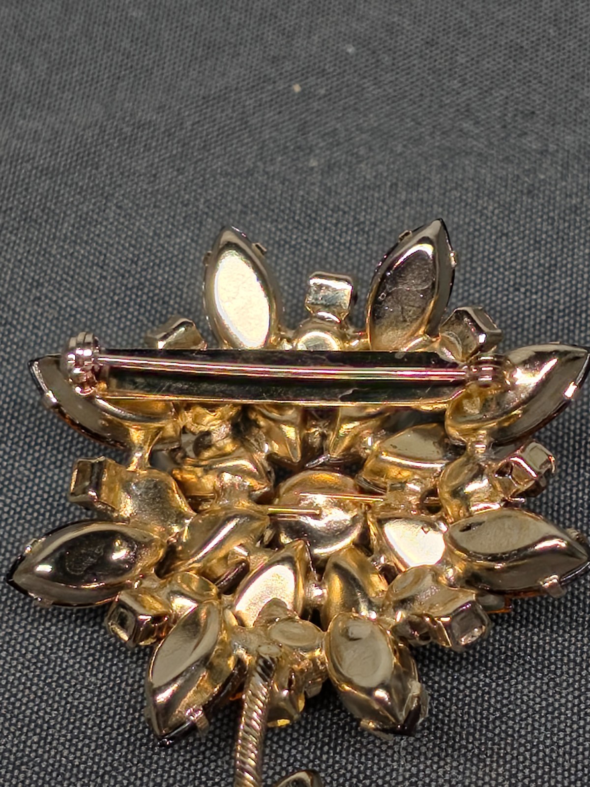 Vtg Tiered Amber Topaz Rhinestone Flower Brooch 4.25″ Large Stem Pin Foil Back