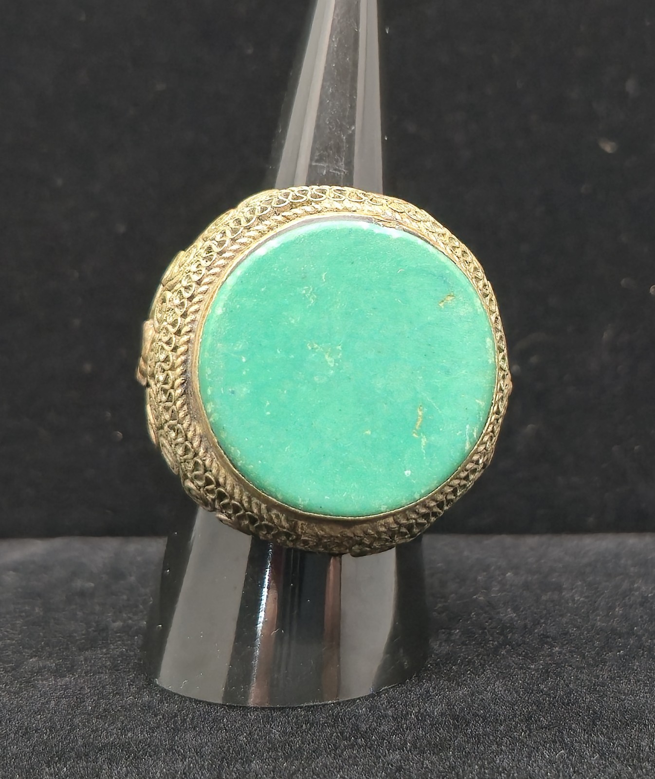 Vtg Antique Green Turquoise Hearts & Flowers Filigree Ring
