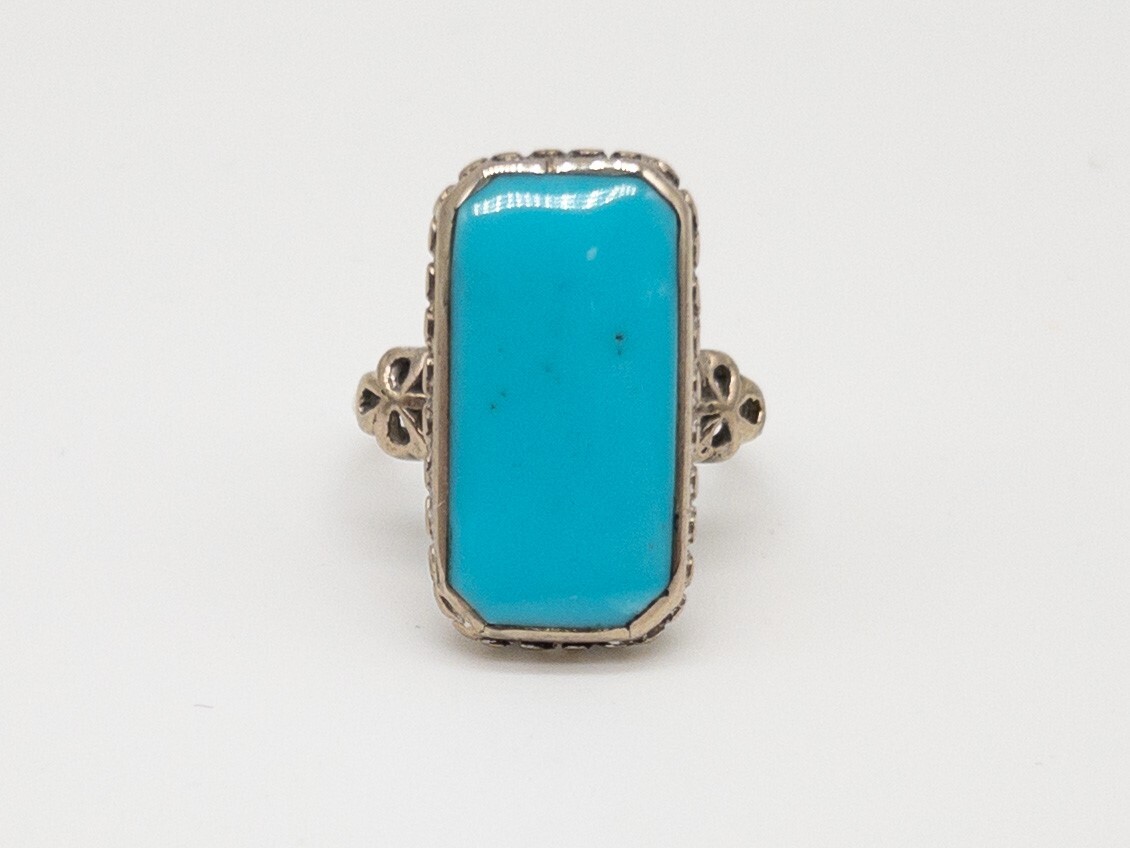 Antique Edwardian 1900s BDA 5ct Natural Turquoise 10k White Gold Filigree Ring