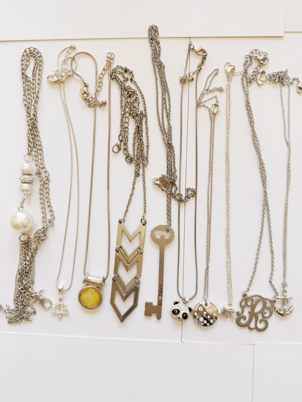 Vintage Silver Tone Necklace Lot 10 PCS Key Initial Pearl Pendant Layering Chain