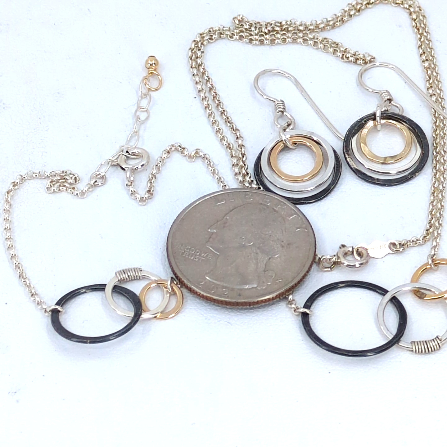Sterling Silver Mixed Metal Jewelry Set Necklace 18″ Bracelet Earrings Tri-tone