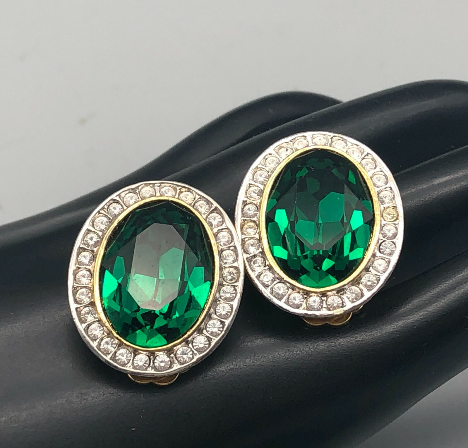 Vintage Real Look Large Emerald Green & Rhinestones Oval Chunky Earrings