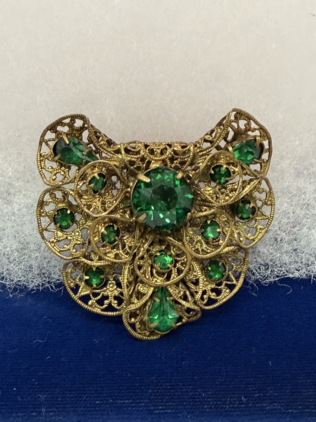 Victorian Czech Gold Tone Filagree Green Stone Dress Clip/ Pin Antique